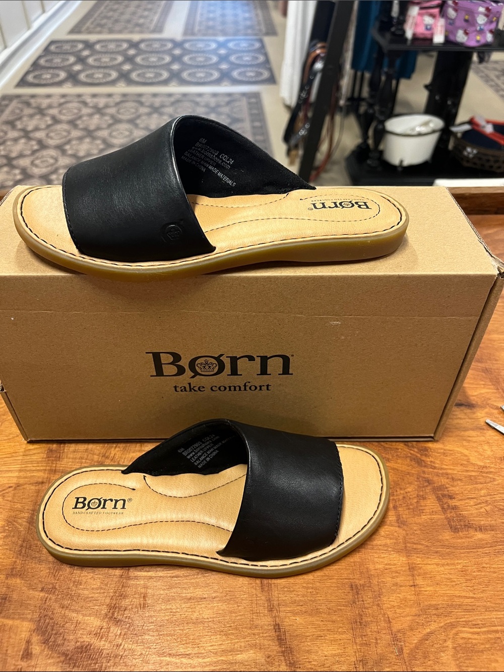 Born Izabel Black Leather Slide Sandals with Tan Footbed